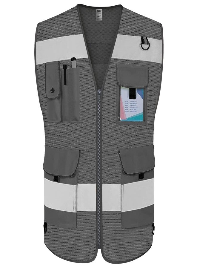 TCCFCCT Mesh Safety Vest for Men Women 9 Pockets High Visibility Reflective Vest for Safety, Work Vest with Reflective Strips, Meets ANSI/ISEA Standards, (Grey, X-Large) - Image 1